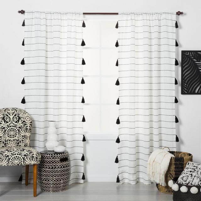 95"x54" Contrast Stripe Light Filtering Window Curtain Panel with Tassel Black/White - Opalhouse™