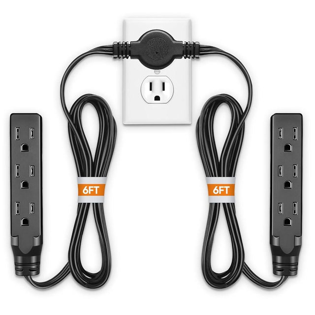 Twin Extension Cord Power Strip - 12FT Dual Extension with Flat Wall Plug, Split Extension Cord with Multiple Outlets,Double Head Outlet for Behind Bed, Couch,Indoor Flush Design(Black)