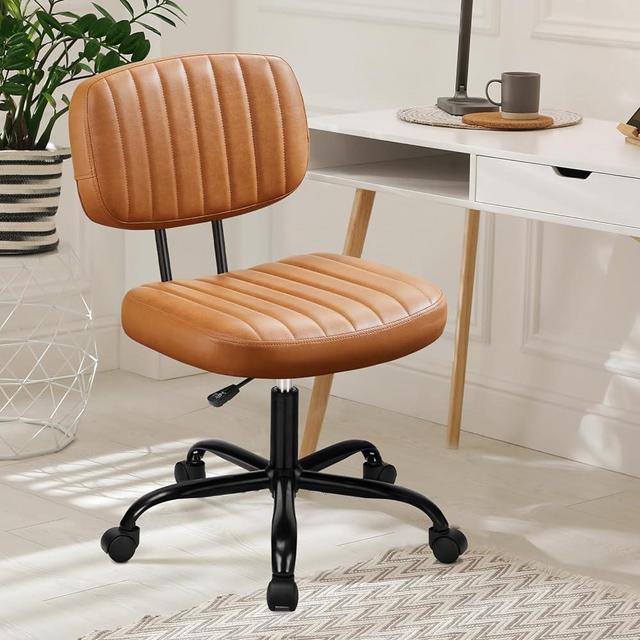 DUMOS Armless Home Office Desk Chair Ergonomic with Low Back Lumbar Support, Height Adjustable PU Leather Computer Task with 360° Swivel Rolling Wheels, for Small Space, Brown