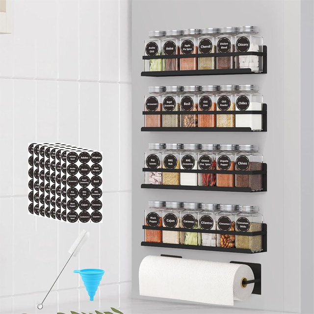 Roysili Magnetic Spice Rack For Refrigerator with Jars Magnetic Fridge Shelf For Kitchen Magnetic Shelf For Fridge Space Saving Black 4 Pack With Magnetic Paper Towel Holder