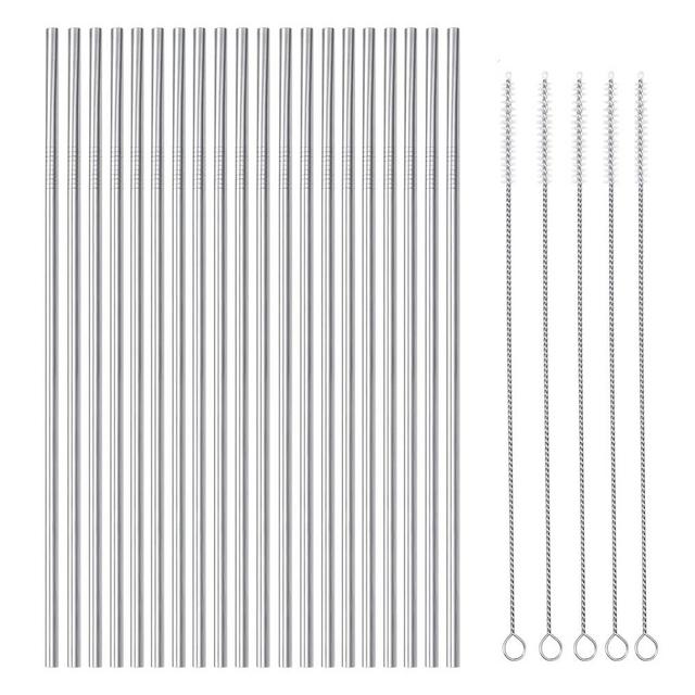 OKGD 25 Piece Set Stainless Steel Straws Long 8.5 Inch Drinking Metal Straws Reusable Drinking Straws for 20 OZ (20 Straight| 5 Brushes)