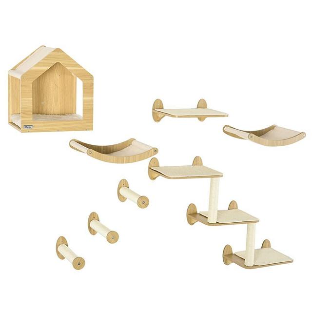 PawHut Unique Cat Tree Made from Cat Shelves with 10 Levels for More Height, Wall-Mounted Cat Tree Climbing Playground with Cat Hammocks, Modern Cat Tree