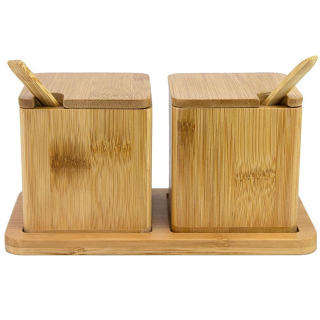 Totally Bamboo Double Dipper Two Salt Boxes with Spoons and Tray, Bamboo, 6 Ounce Capacity Each