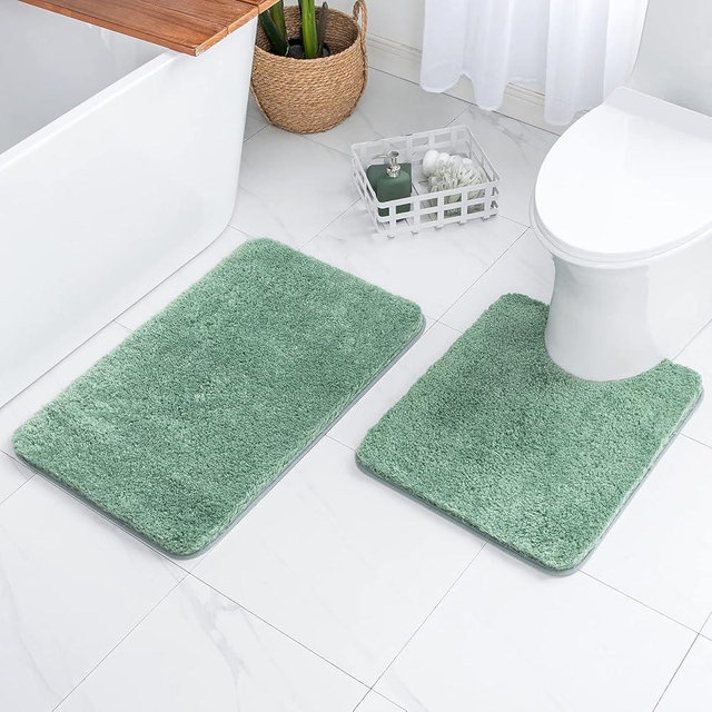 MIULEE Microfiber Bathroom Rugs and mats Sets 2 Pieces Extra Thick Non Slip Bath Mat and U-Shaped Contour Toilet Rug for Bath Room Floor Restroom, 20"x30"+20"x24", Sage Green