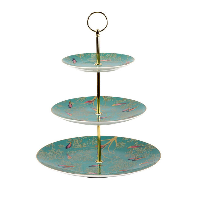 Portmeirion Sara Miller Chelsea 3 Tier Cake Stand - Fine China with Gold Detailing - 10.5", 8", 6" Plates