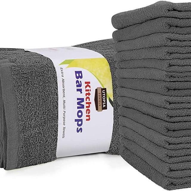 Utopia Towels Kitchen Bar Mops Towels, Pack of 12 Towels - 16 x 19 Inches, 100% Cotton Super Absorbent Grey Bar Towels, Multi-Purpose Cleaning Towels for Home and Kitchen Bars