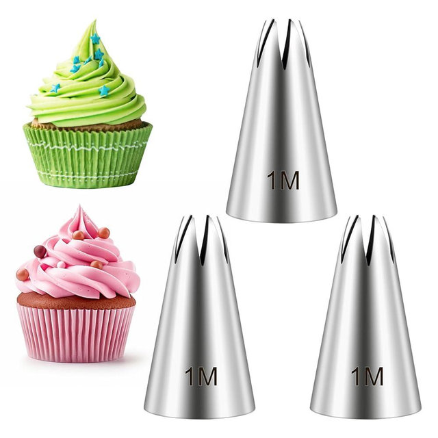 3 Pcs Cake Piping Tip, 1M Open Star Icing Tip Stainless Steel Icing Piping Nozzle Tips Set for Cake Decorating Flowers Shells & Scalloped Designs