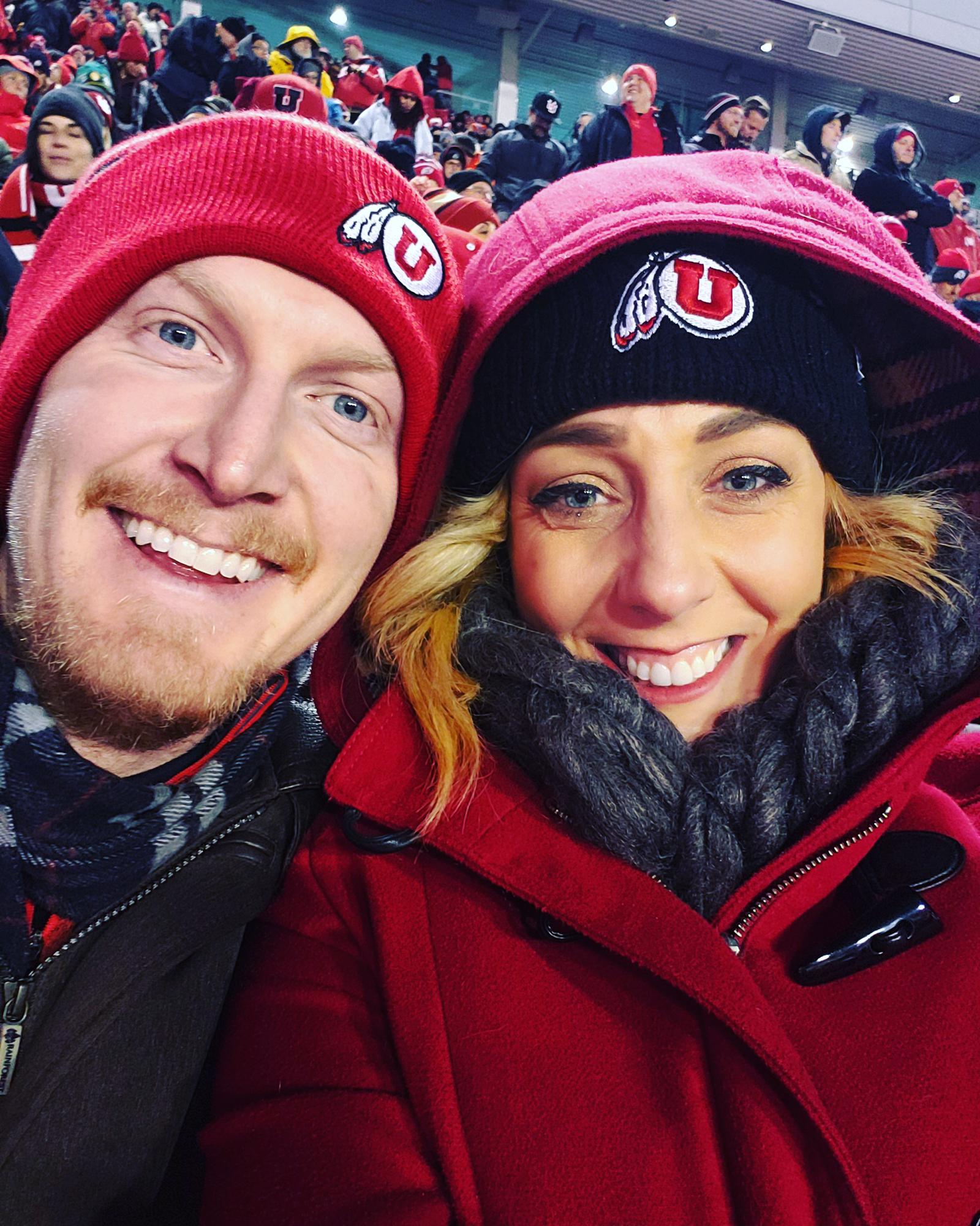 Cheering on the Utah Utes Football team in freezing cold weather. (Luke got his PhD from the University of Utah in 2017)