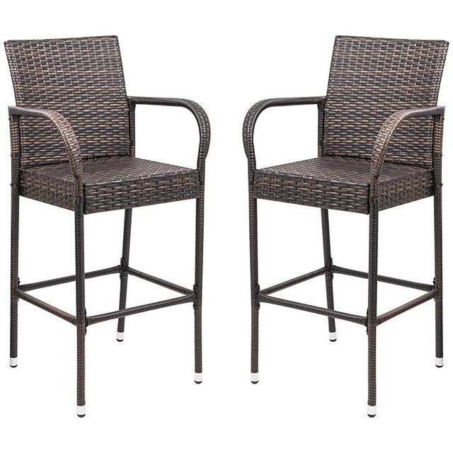 Homall Patio Bar Stools Wicker Barstools Indoor Outdoor Bar Stool Patio Furniture with Footrest and Armrest for Garden Pool Lawn Backyard Set of 2 (Brown)
