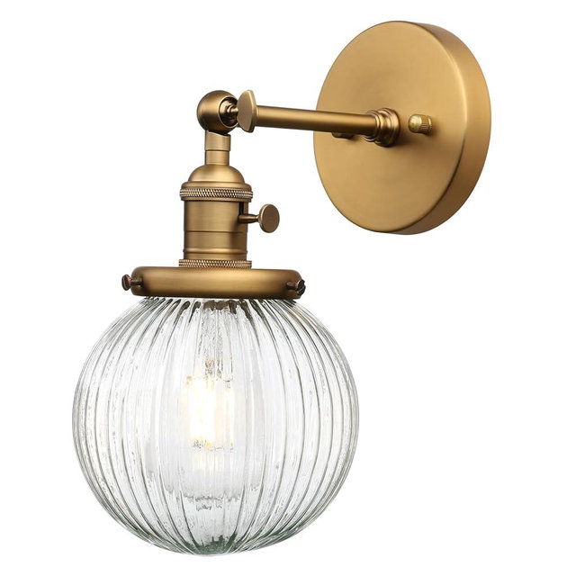 PERMO Vintage Industrial Wall Sconce Lighting Fixture with Mini 5.9" Round Clear Globe Ribbed Glass Shade (Antique Brass Gold)