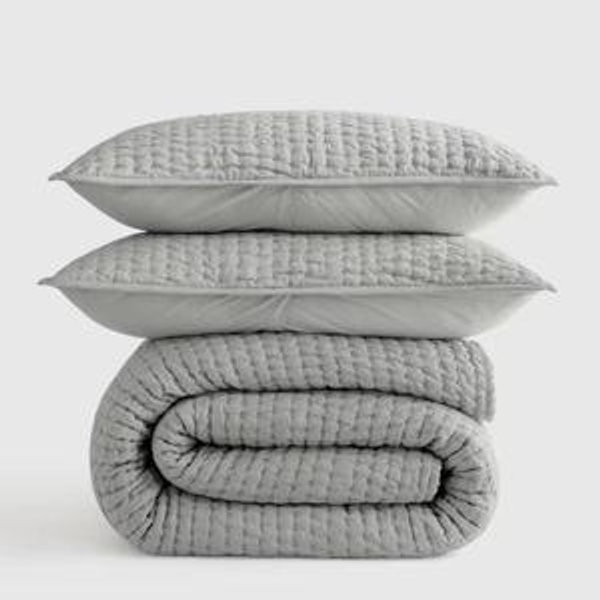 European Linen Cotton Stitch Quilt Set - Mist, King/Cal King