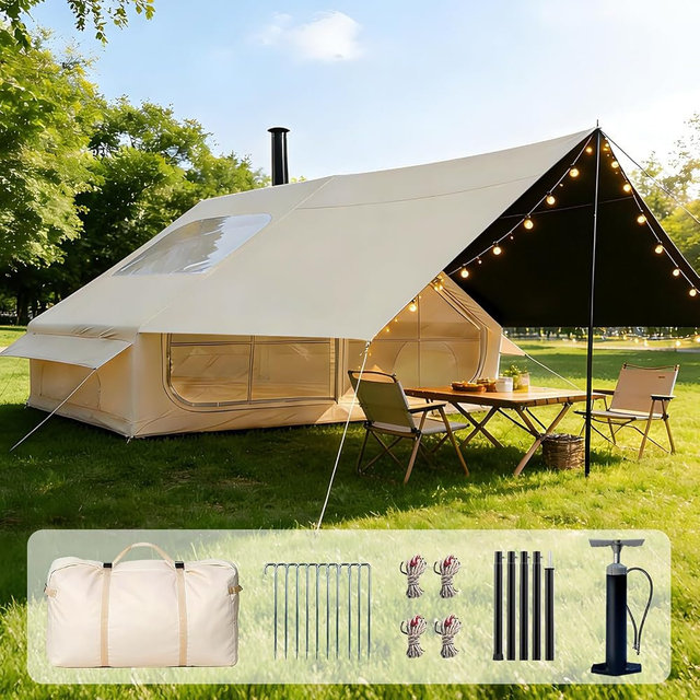 Ziziella Inflatable Tents for Camping, Easy Setup Inflatable Tent with Canopy, Large Glamping Tent with Pump,Waterproof Oxford 4 Season Air Tent with Skylight Mesh Windows for 4-6 Person