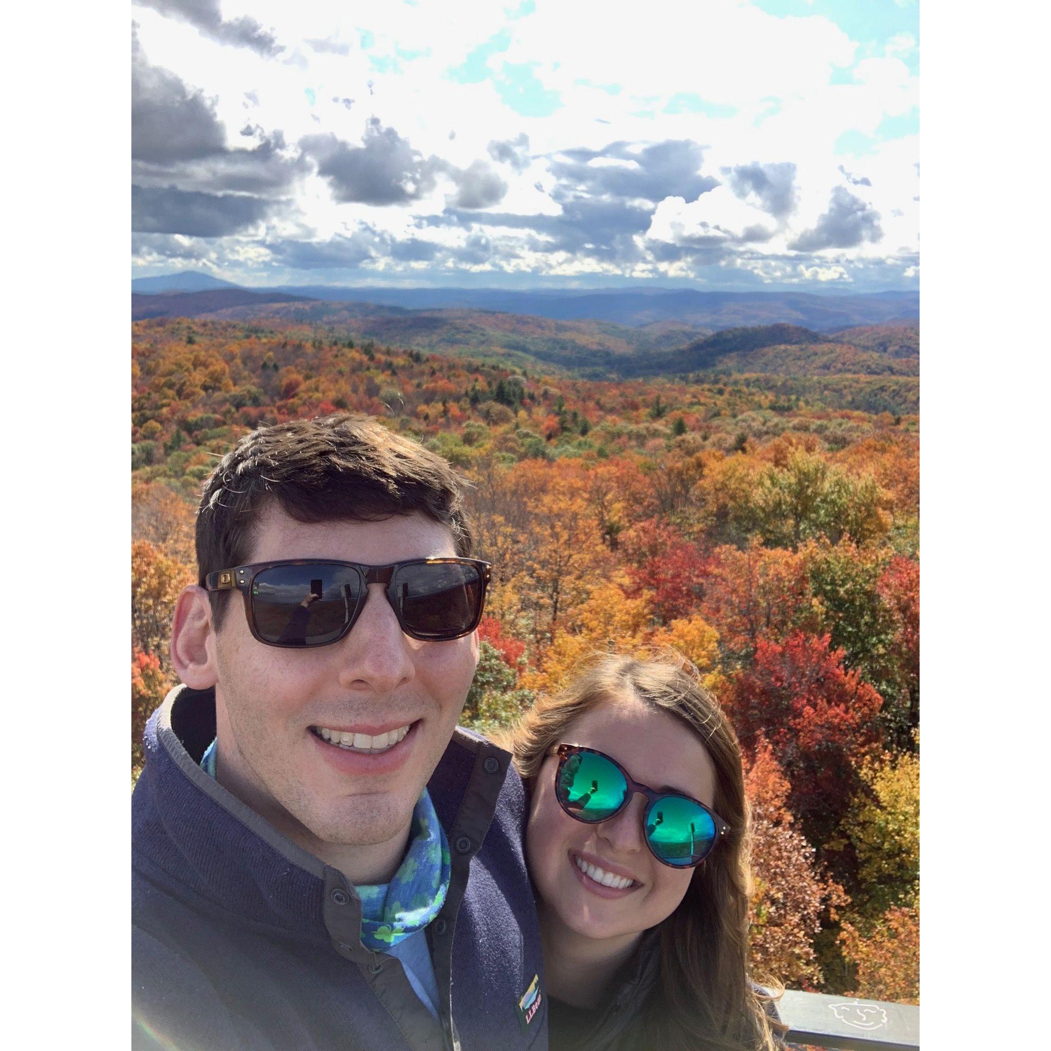 Enjoying fall foliage from the fire tower on Gile Mountain!