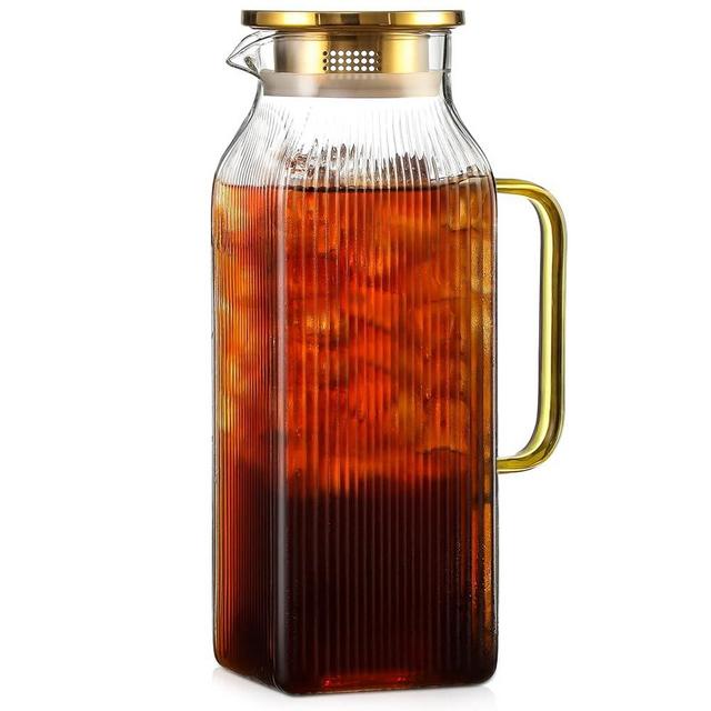 2 Liter/68 oz Square Glass Pitcher with Lid, Classic Stripes Water Pitchers with Handle for Fridge, Large Jug for Iced Tea, Coffee, Borosilicate Glass Carafe for Hot/Cold Brew Drink, Gold