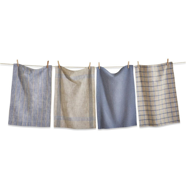 tagltd Set of 4 Canyon Woven Denim Blue Cotton Machine Washable Kitchen Dishtowels Assorted Prints and Plaids Yarn Dye Woven Slub Waffle Weave Enzyme