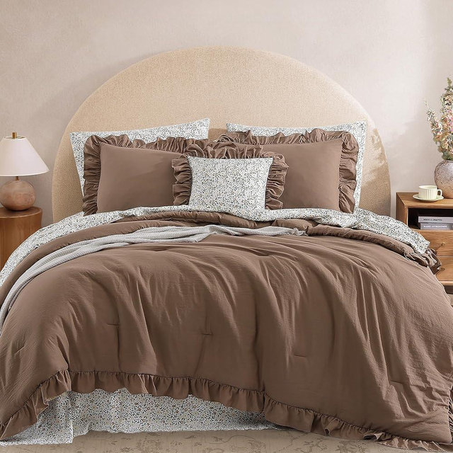 BLOOMHAVEN King Comforter Set - 7 Pieces Ruffle Amber Brown Bedding Sets, Shabby Chic Farmhouse Bed in a Bag with Ruffle Comforter, Floral Sheets, Pillowcases & Shams