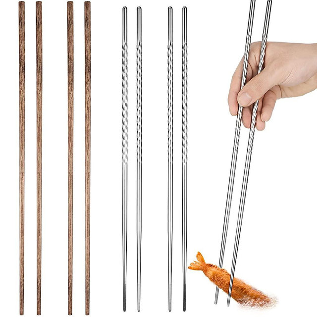 4 Pairs Long Cooking Chopsticks 15.3 Inch Extra Long Stainless Steel Chopsticks with Non-slip Threaded and 16.5 Inch Wooden Noodles Kitchen Cooking Frying Chopsticks for Kitchen Reusable Chopsticks
