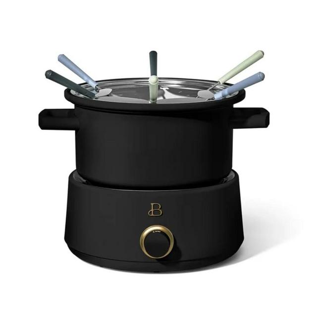 Beautiful 3QT Electric Fondue Set, Bonus 2QT Ceramic Pot, 6 Color-Coded Forks, Fork Ring, Temperature Control, 1000W, Perfect for chocolate, cheese, broth, or oil fondues (Black Sesame)