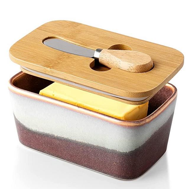 XELA Butter Dish with Lid and Knife, Ceramic Butter Dish, Double Silicone Seal Butter Container for kitchen-Ziying