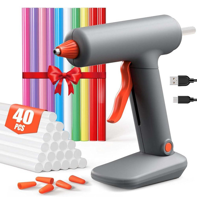 VIWKO Cordless Hot Glue Gun and 40 Sticks, Fast Preheating with Anti-Drip Nozzle, 3Ah Built-in Battery, USB-C Rechargeable Cordless Glue Gun for Kids Classroom DIY Arts Crafts Home Repairs (7mm)