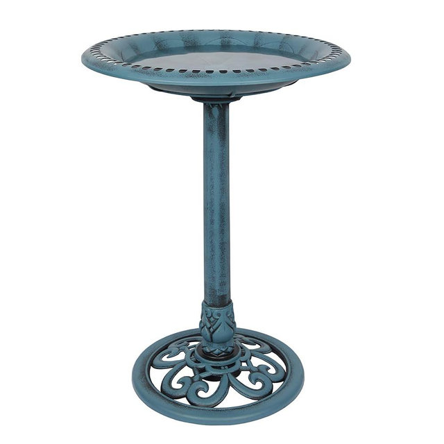 Alpine Corporation TEC116BL Pedestal Birdbath with Scrollwork Base and Ground Stakes, Décor for Lawn & Garden, 21" H, Blue