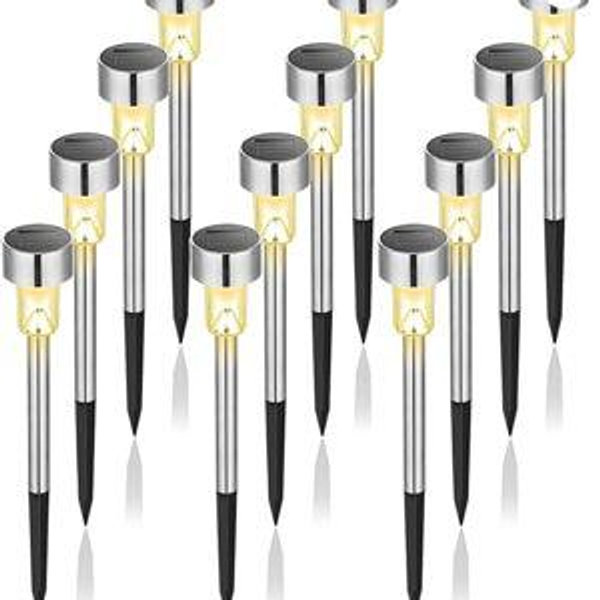 GIGALUMI Solar Lights Outdoor Waterproof, 12 Pack, Stainless Steel LED Solar Garden Lights for Patio, Lawn, Yard and Landscape, Garden Decor Patio Decor,Warm White