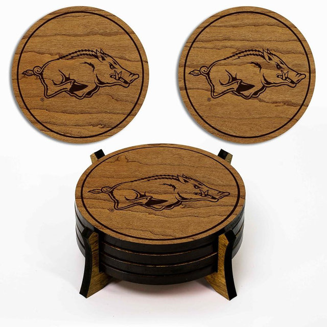 LazerEdge Arkansas Razorbacks Wooden Coaster Set - Cherry Wood - Officially Licensed Product - 4-Pack