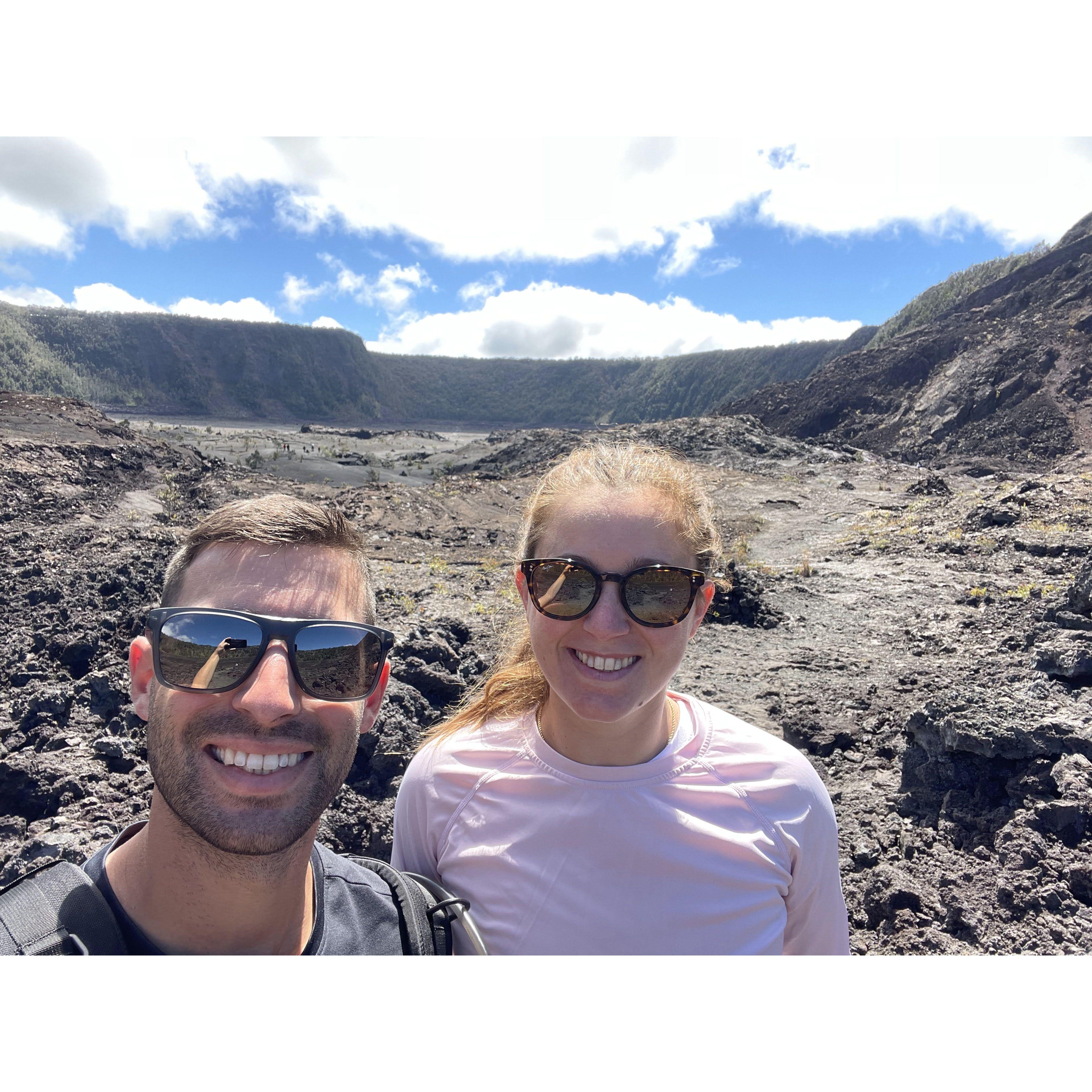 Davis and Amanda traveled to the Big Island while living in Hawaii. Here they hiked Kilauea volcano trail, which is still active!