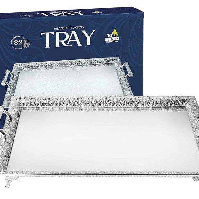 Silver Plated Menorah Tray with Handles - 24 Inch x 16 Inch - for Shabbos, Yom Tov, Hanukkah Drip Tray - Large Rectangle Silver Tray with Mirrored Surface - Ner Mitzvah