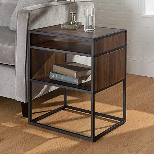 Walker Edison Furniture Company Industrial Modern Metal Frame Wood Rectangle Side Accent Set Living Room Storage Shelf End Table, Walnut Brown