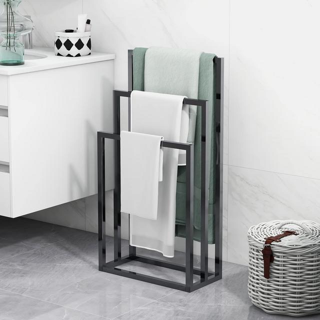 BOFENG 3 Tiers Black Metal Towel Rack Chrome Tall Industrial Modern Freestanding Towel Holder for Bathroom Accessories Organizer for Bath Storage Hand Towels,Washcloths,Next to Tub or Shower