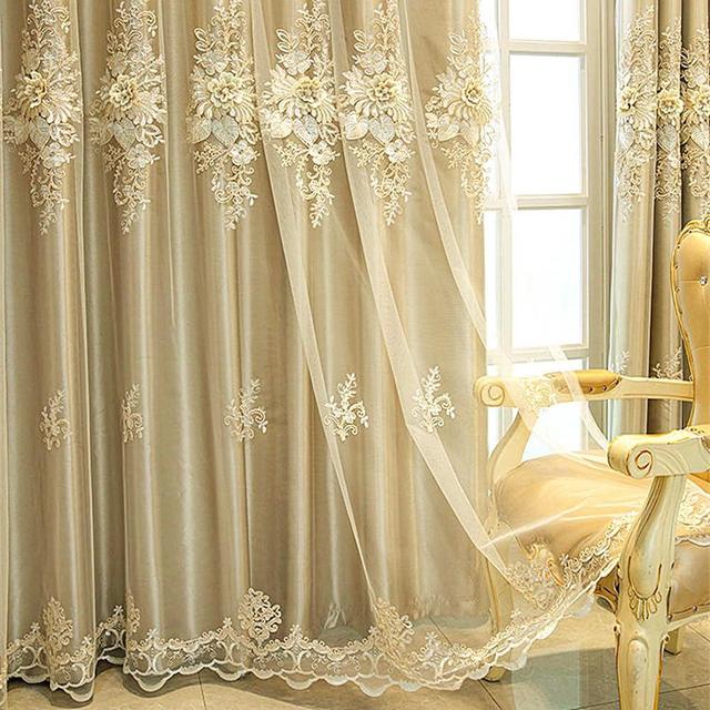 Amidoudou 1 Pair Luxury European Curtains with Valance for Living Room Bedroom Double Layer Embroidered Curtains (Gold,52x90 Inch)