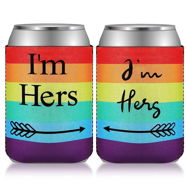 3 Pcs Lesbian Engagement Gift Lesbian Couple Wedding Present Idea Rainbow Neoprene Can Coolers Sleeves with Pink Velvet Bags for Lesbian Gay LGBT Wedding Bachelorette Engagement Party Decorations