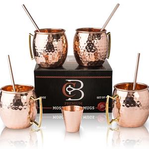 Moscow Mule Mugs 100% Solid Copper, Hammered, Gift Set of 4, No Nickel - Food Safe, 16oz, BONUS: 4 Straws + 1 Shot Glass & 2 E-Books by Copper-Bar