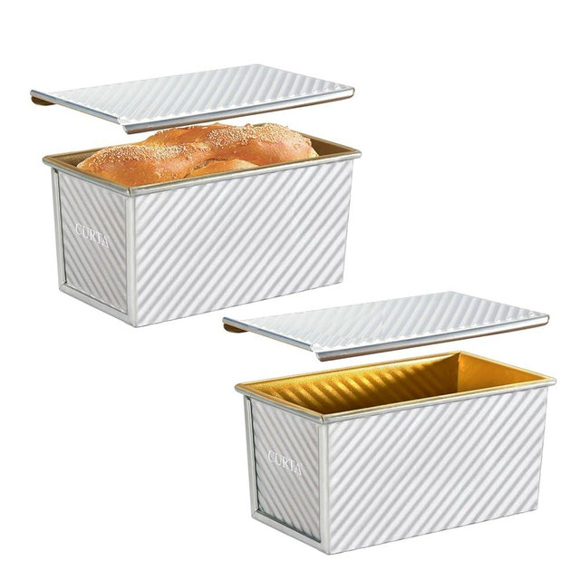 CURTA Pullman Loaf Pan with Lid 1 lb Dough Capacity Non-Stick Bakeware for Baking Bread, Corrugated sourdough bread pan, Silver 2pcs