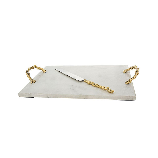 Classic Touch Marble Challah Tray with Wooden Design Handles