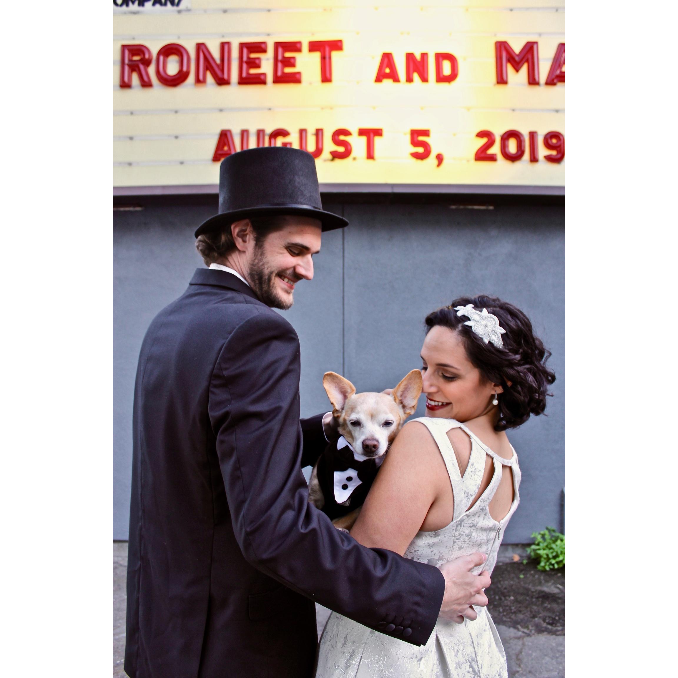 Save-The-Date photo shoot, City Lights so kindly put our wedding up on the theater marquee for us!