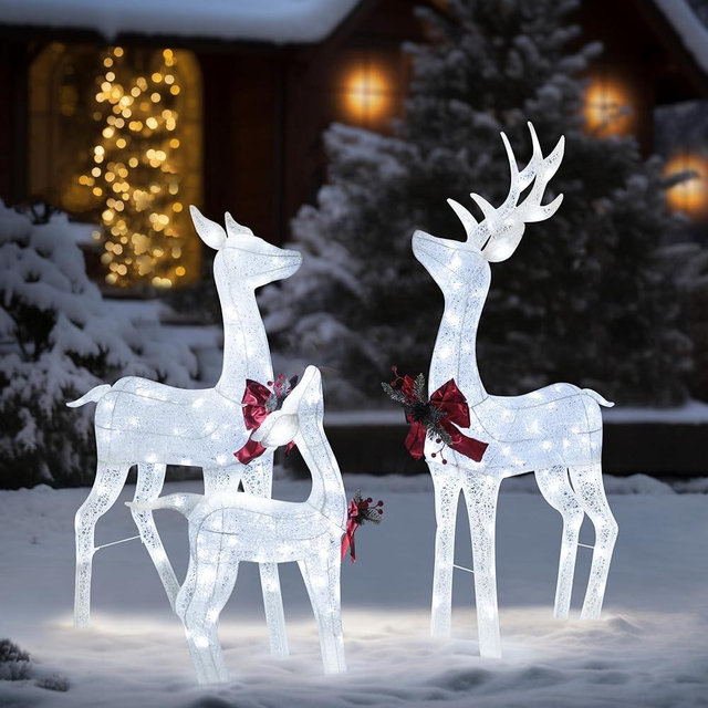 Yardenaler 3-Piece Lighted Reindeer Family Set for Christmas Decoration, 4.5FT Pre-Lit Iridescent Deer Xmas Decor with 200 LED Lights, 3D Glittered Standing Holiday Display for Outdoor, Indoor, White
