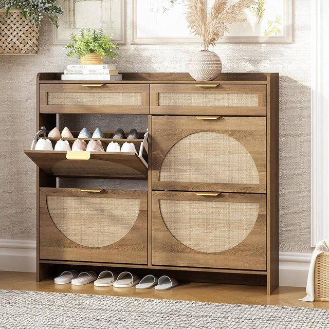 WINWY Rattan Shoe Storage Cabinet with 4 Flip Drawers & 2 Drawers, Freestanding Organizer for Front Door Entrance, Hidden Narrow Shoe Rack Cabinet Storage for Entryway, Rustic Oak Rattan