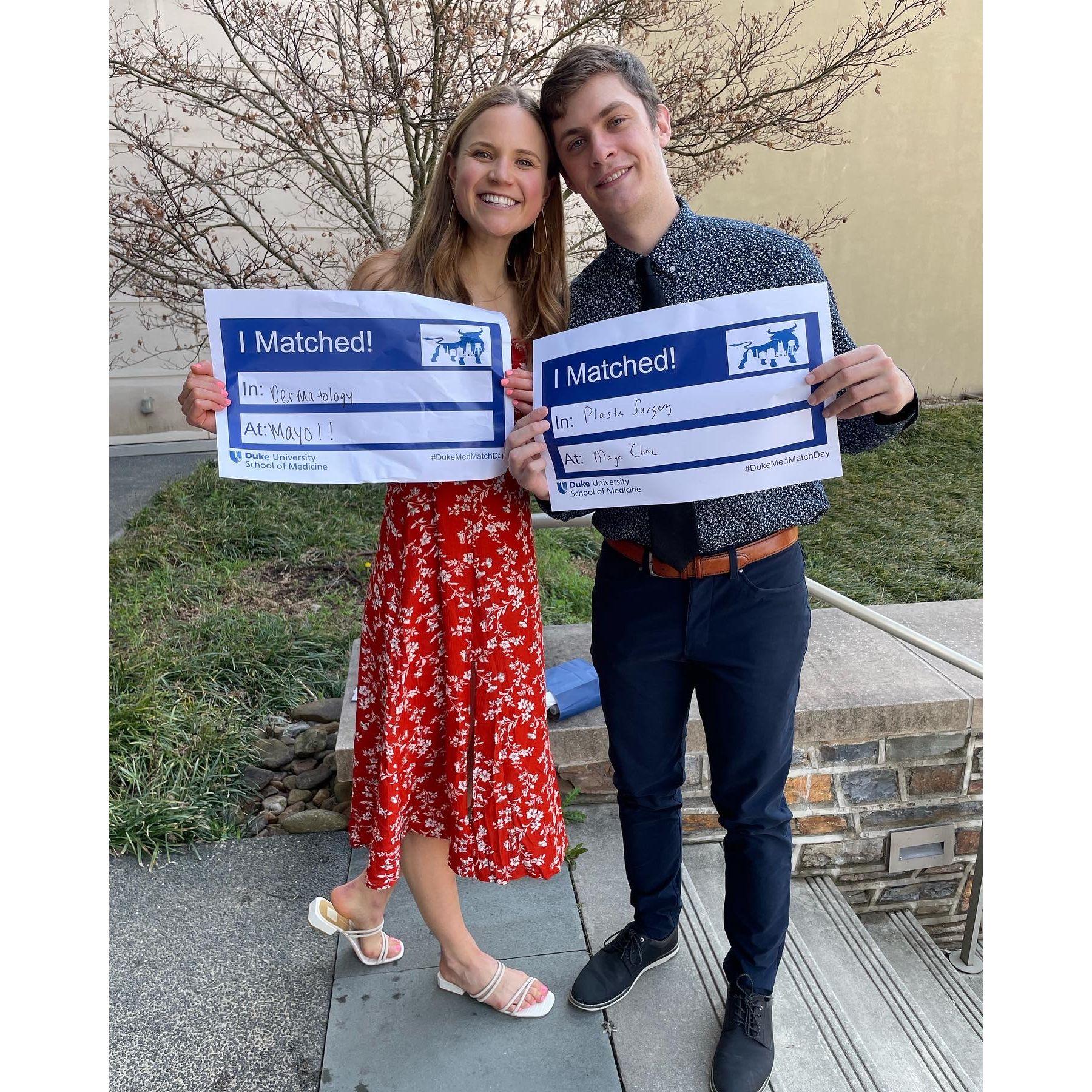 Couple's matching to Mayo Clinic (Mel- Dermatology, Jess- Plastic and Reconstructive Surgery)