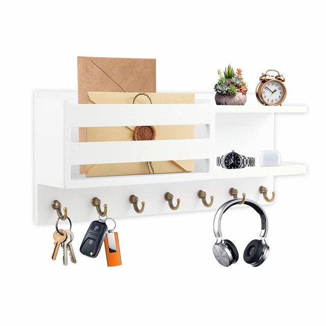 Wood Key Holder Wall Mount, Mail and Key Organizer with Small Tray, 7 Hooks Key Racks for Entryway, Bedroom, Home, Office (White)