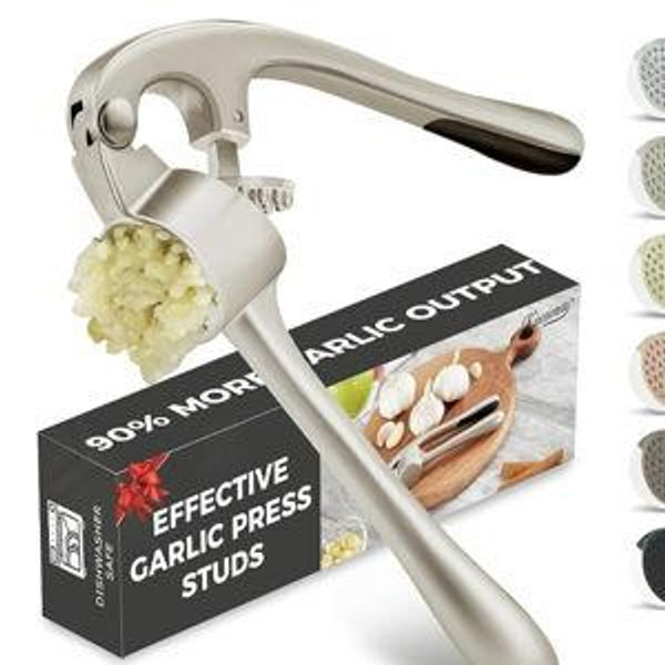 Kitessensu High Effective Garlic Press With Studs, Heavy Duty Garlic Mincer, Easy to Squeeze and Clean, Rust Proof, Ginger Crusher- Imperial Silver