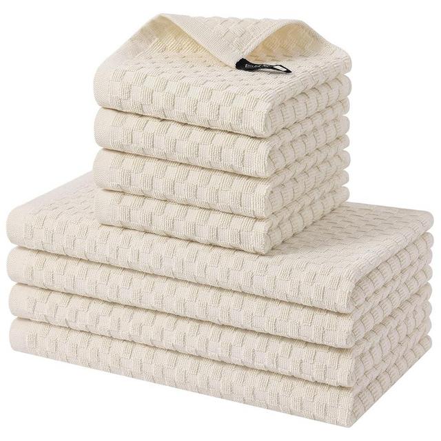 Homaxy 100% Cotton Kitchen Towels and Dishcloths Set, 12 x 12 & 15 x 25 Inches, Set of 8 Bulk Terry Cloth Dish Towels, Super Soft and Absorbent Hand Towel with Hanging Loop, Beige