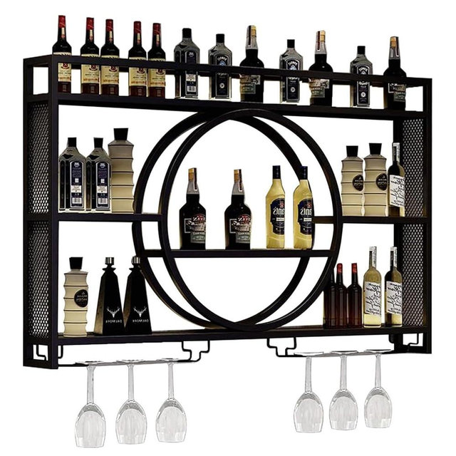 Modern Wine Storage Rack Wall Mounted With LED Light With Wine Glass Holder,Iron Bar Liquor Shelf,Floating Wall Wine Shelves,Bar Liquor Bottle Display Shelf For Kitchen Bar Decoration Gold/Black ( Col