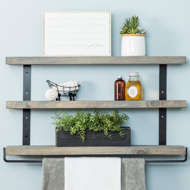 Industrial Metal Bracket Three-Tier Floating Shelf with Towel Bar Set Rustic Farmhouse Kitchen, Bath, Laundry, Dorm