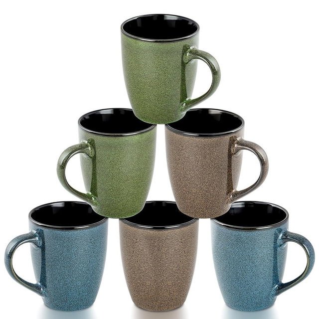 Ceramic Coffee Mugs 12oz, Set of 6 - Large With Handle for Men, Women, Dad, Mom - Modern Cups for Tea, Latte, Cappuccino, Cocoa (6 Pack)
