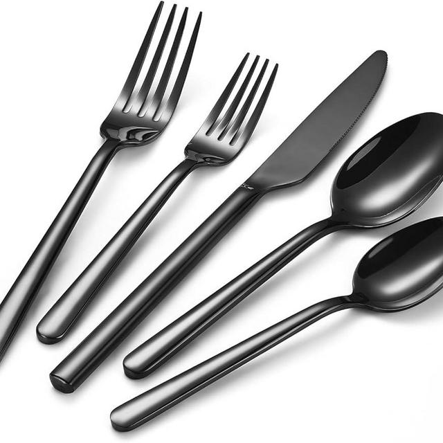 40-Piece Black Silverware Set for 8, Heavy-Duty 18/0 Stainless Steel Black Flatware Cutlery Set, Modern Round Handle Black Utensils Set, Dishwasher Safe for Home, Restaurant, Wedding, Party