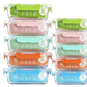 C CREST [10-Pack Glass Food Storage Containers (A Set of Five Colors), Meal Prep Containers with Lids for Kitchen, Home Use - Airtight Glass Lunch Boxes