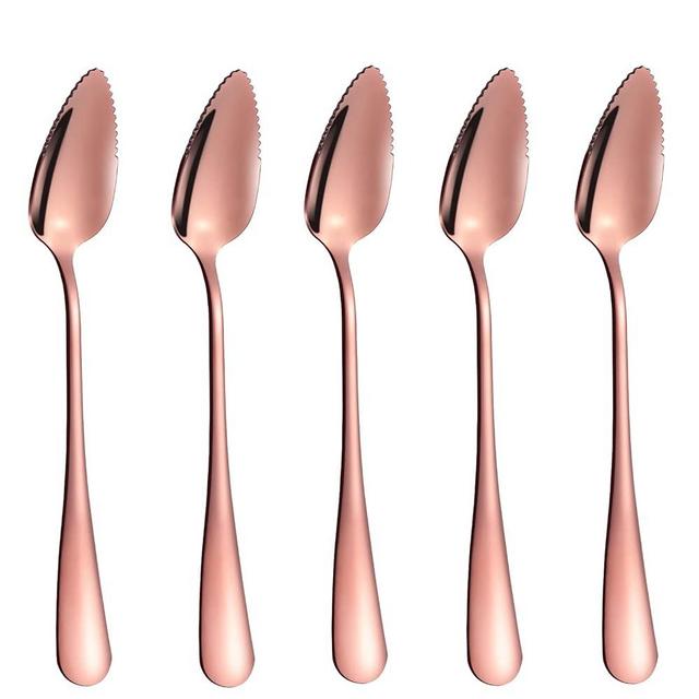 5 PCS Grapefruit Spoons, Stainless Steel Grapefruit Spoon Utensil Set, Serrated Edge & Thick Gauge Handle, Rose Gold Kitchen Tool with Non-stick Plating for Kiwi, Dessert, Apple, Citrus Fruit