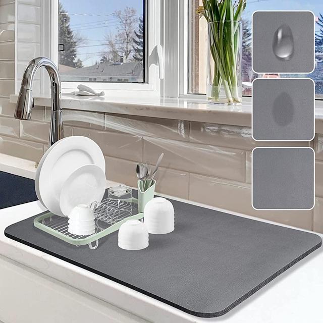 Dish Drying Mat for Kitchen Counter, 24"x16" Dish Drying Pad with Non-slip Rubber Backed, Hide Stain Anti Absorbent for Kitchen Counter, Drying Mat for Coffee Machine Dish Rack